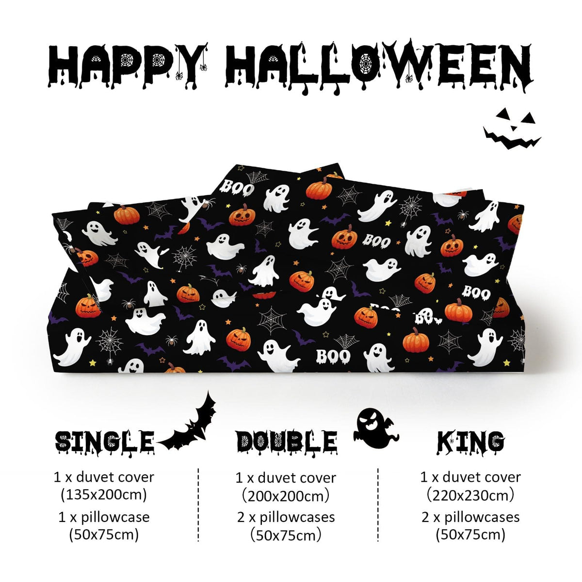 Halloween Duvet Cover Set 3 Pieces with Skull Pumpkin