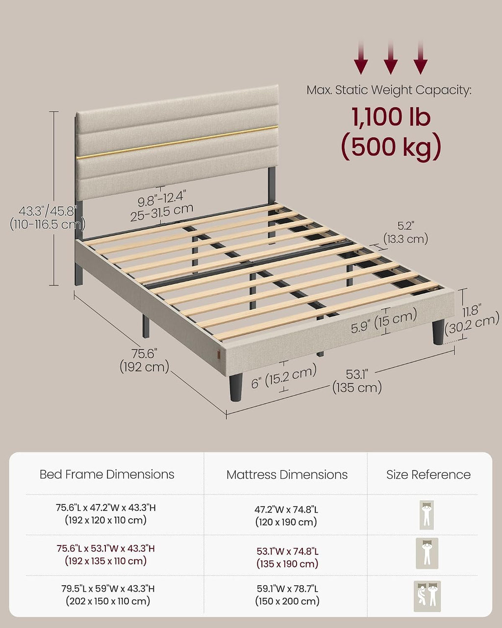 Upholstered Bed Frame | Adjustable Headboard | Metal Frame & Wooden Slats | Double & King