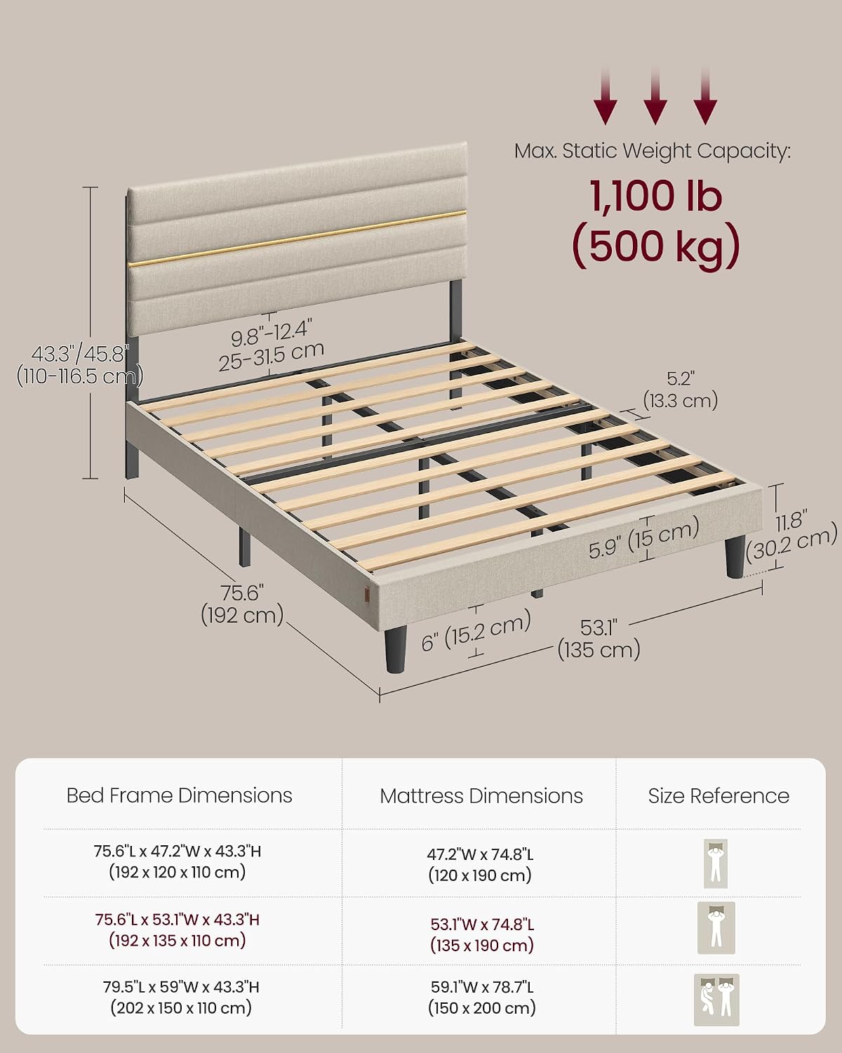 Upholstered Bed Frame | Adjustable Headboard | Metal Frame & Wooden Slats | Double & King