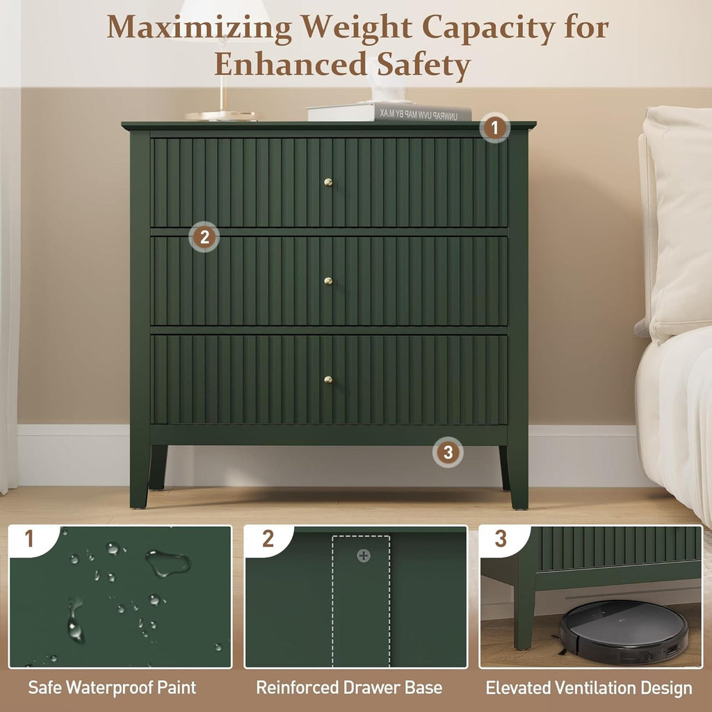 Fluted Chest of Drawers | 6 or 3 Drawers | Wide MDF Storage Unit | Water-Resistant | Black, Blue & Green