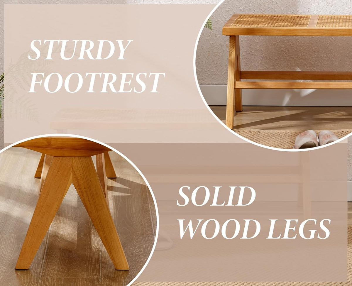 Shano Rattan Dining Bench | Solid Wood Frame | Woven Rattan Seat | Entryway Ottoman | 2 Colours