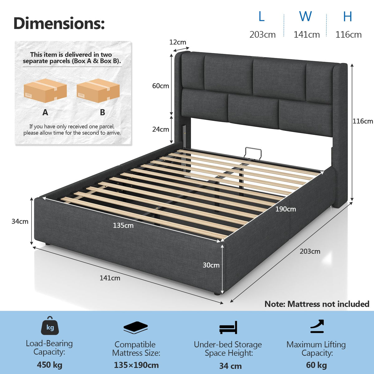 Ottoman Single Bed Frame with Hydraulic Storage, Charging Station & Adjustable Headboard | Grey | 3ft (90x190cm)