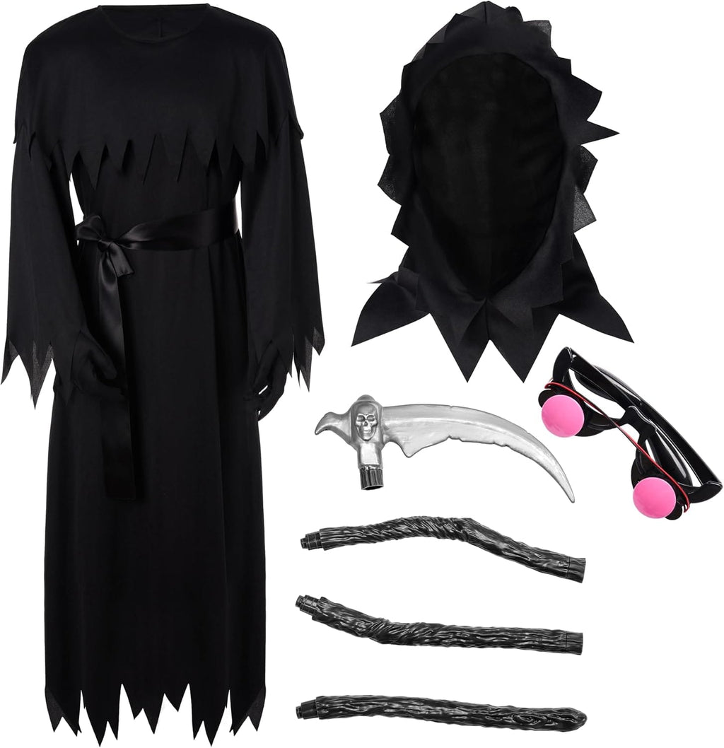 Spooktacular Creations Child Unisex Black Grim Reaper Costume, Creepy Phantom Costume with Gloves Scythe Light-Up Glasses for Boys Halloween Dress up, Role-Playing