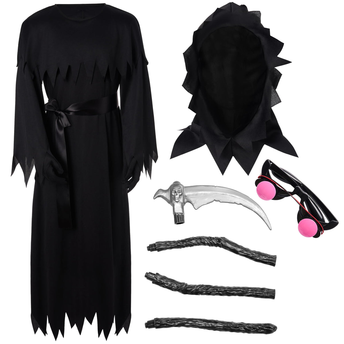 Spooktacular Creations Child Unisex Black Grim Reaper Costume, Creepy Phantom Costume with Gloves Scythe Light-Up Glasses for Boys Halloween Dress up, Role-Playing