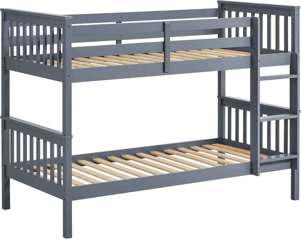 Single Bunk Bed Frame | Solid Pine Wood | Guard Rails & Ladder | Splits into 2 Beds | White & Grey