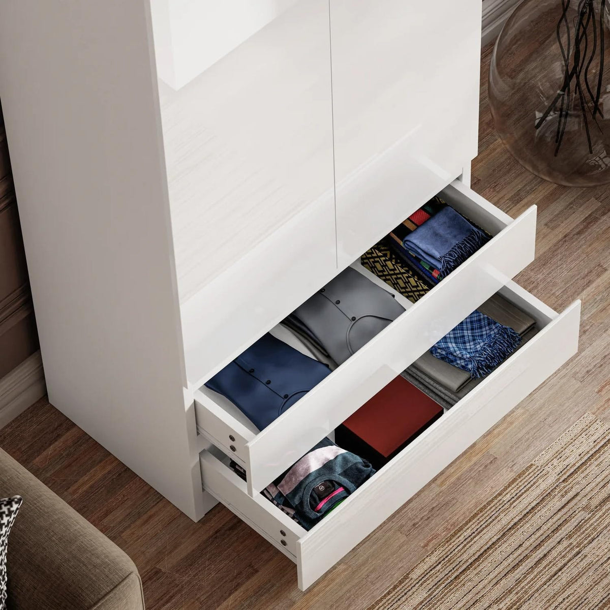 Shano High Gloss Wardrobe for Bedroom – White 2 Door & 2 Drawers Wooden Wardrobe with Hanging Rail, Modern Double Clothes Storage Cupboard Unit for Bedroom Furniture