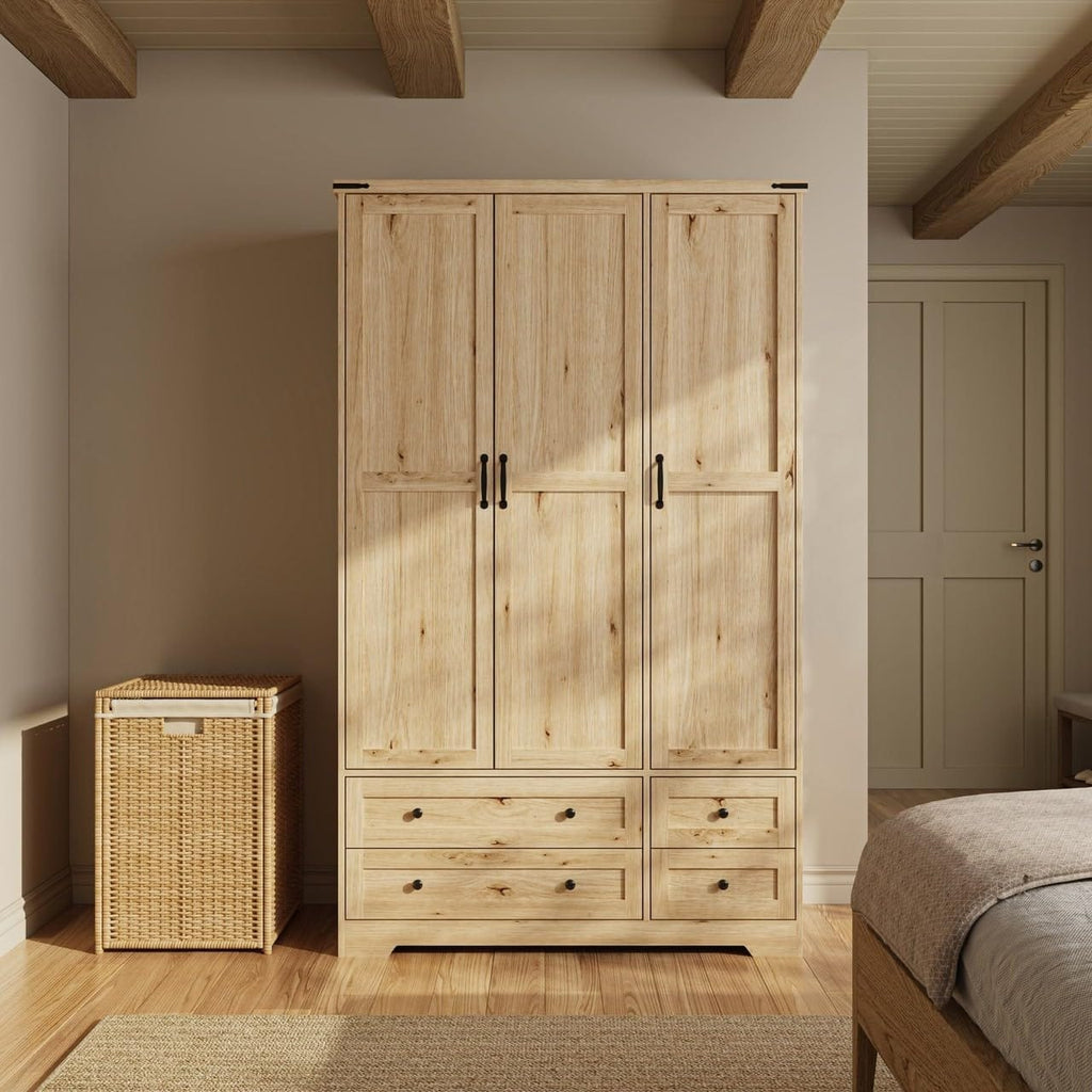 Shano Wardrobe with 3 Doors & 4 Drawers | White, Black, Grey & Oak