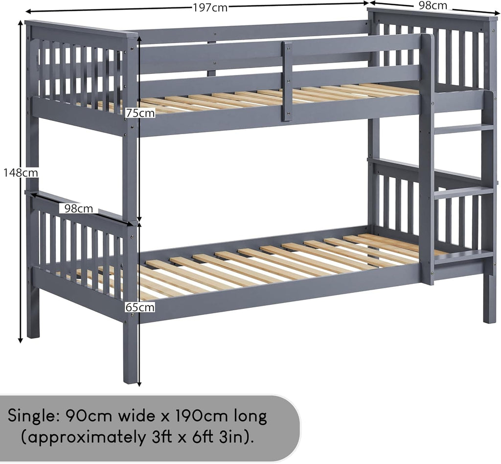 Single Bunk Bed Frame | Solid Pine Wood | Guard Rails & Ladder | Splits into 2 Beds | White & Grey
