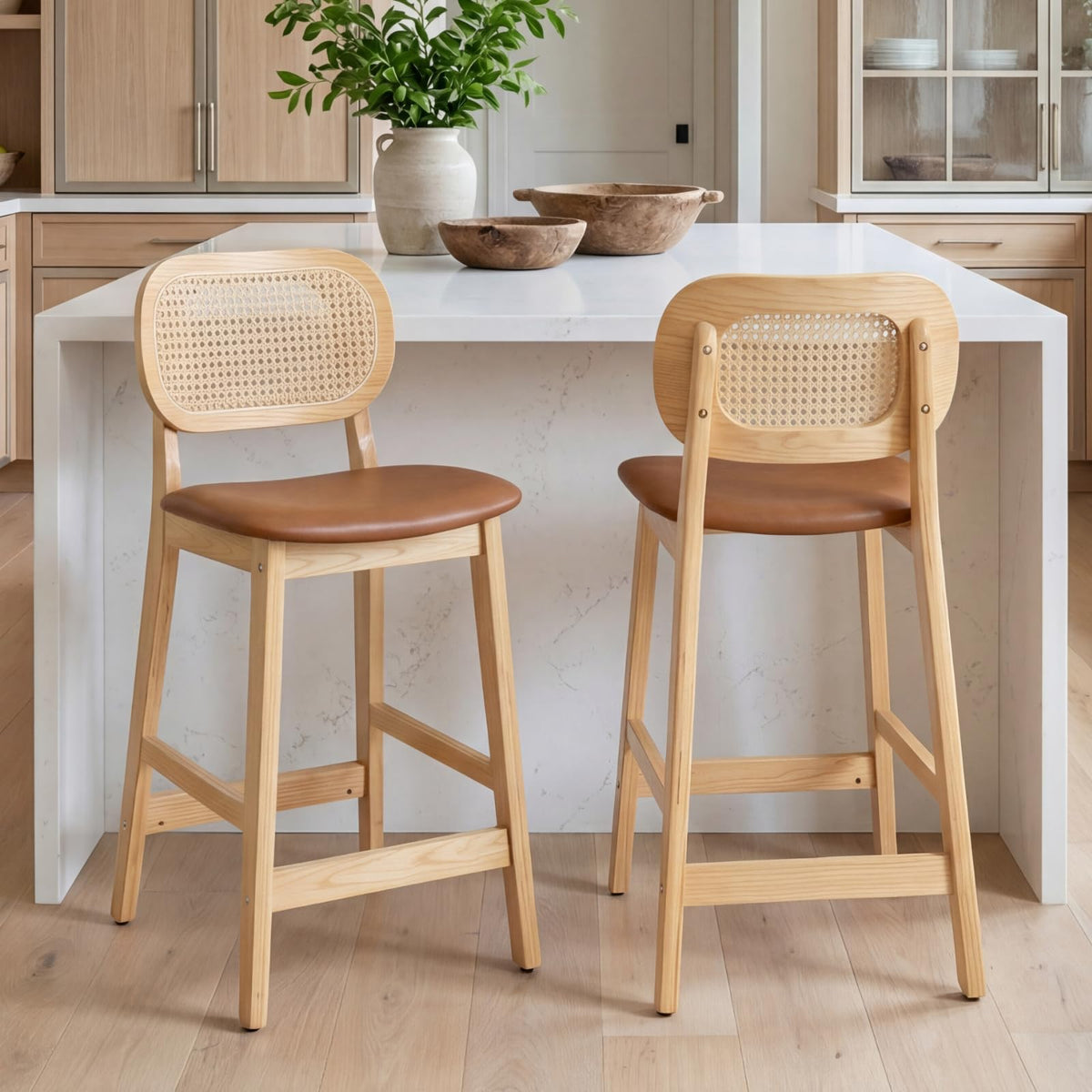 Shano Bar Stools Set of 2 | Rattan Backrest | Adjustable Height | PU Cushion | 4 Colours