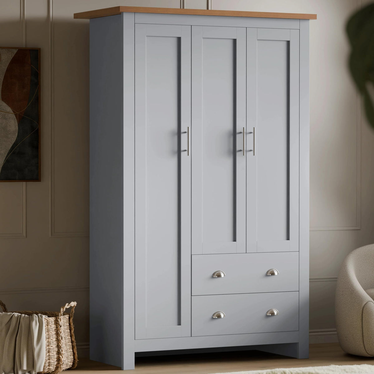 Shano 3 Door Wardrobe with Hanging Rail, 4 Shelves & 2 Drawers | White, Grey & Blue