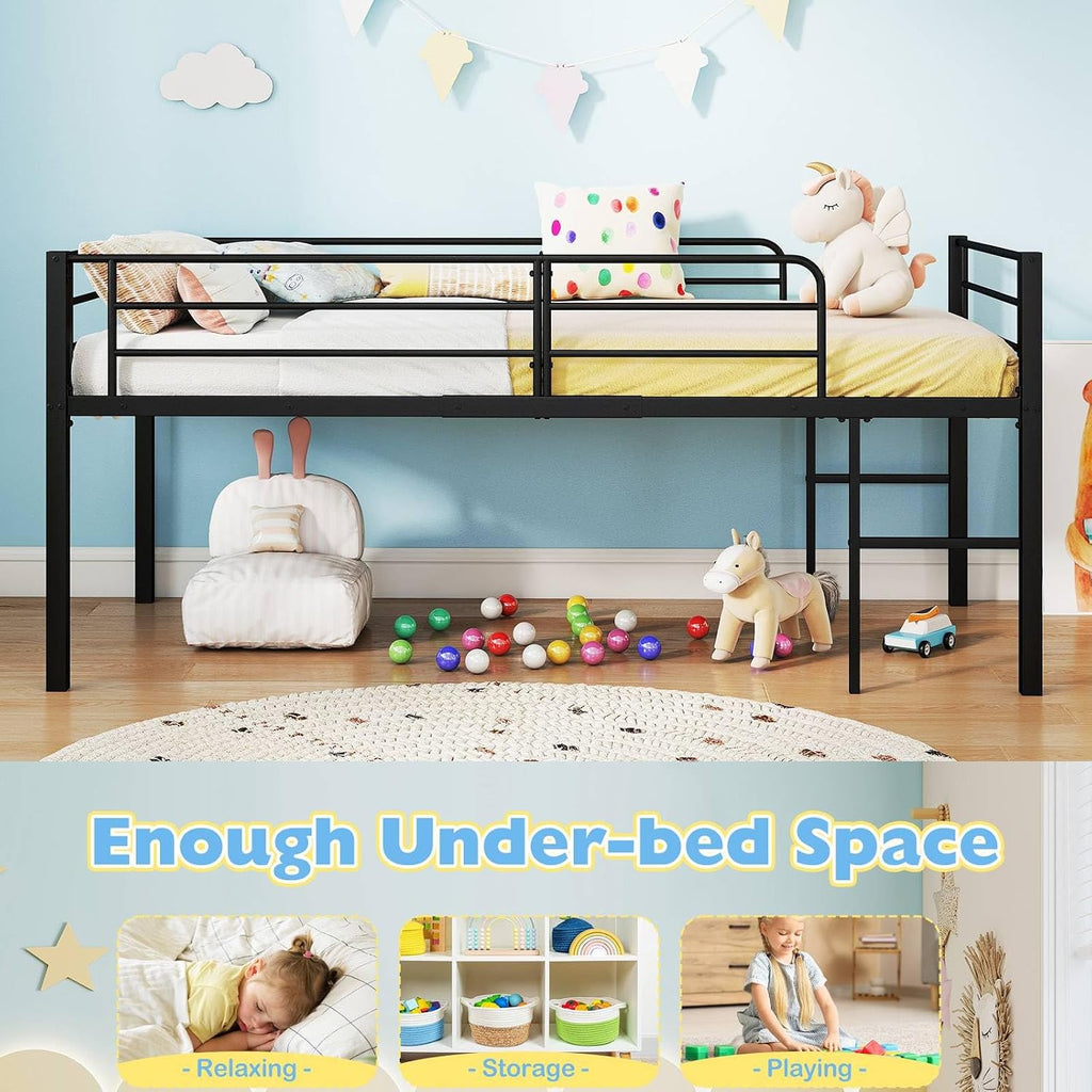 Metal Kids Bunk Bed, 3FT Children Loft Bed with Guardrails & 2 Ladders, Heavy Duty Toddler Bedframe for Boys Girls, No Box Spring Needed (Black)