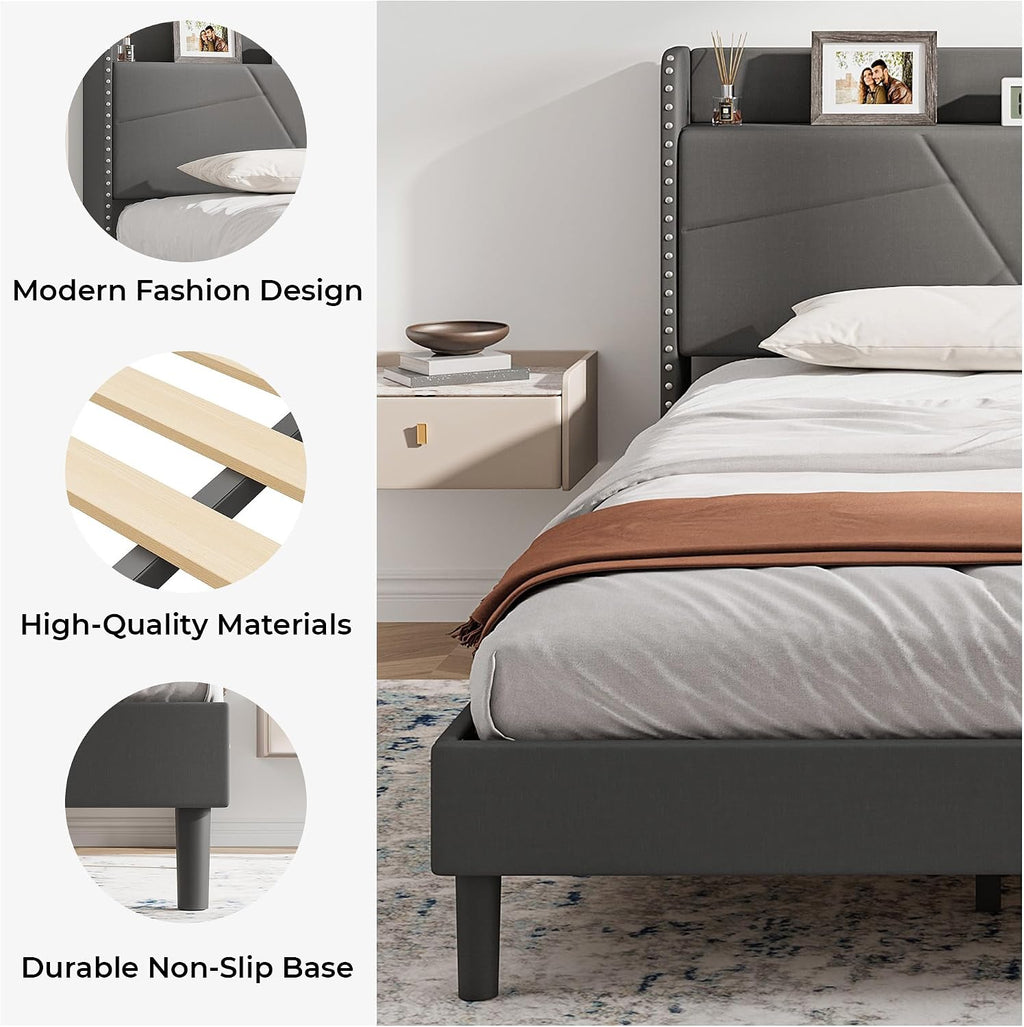Upholstered Bed Frame with Built-In Charging Station | Linen Headboard | Storage | Single, Double & King