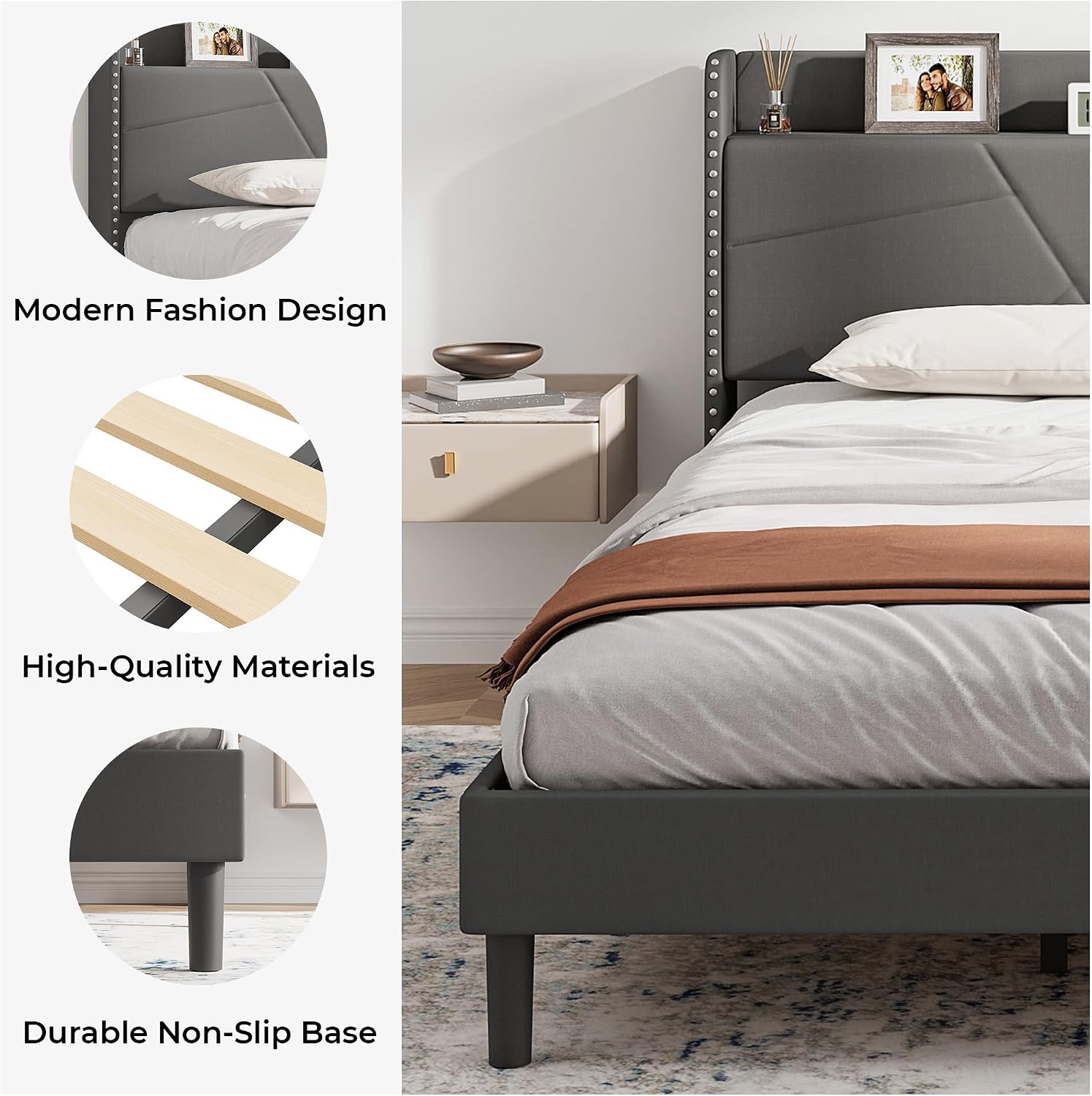 Upholstered Bed Frame with Built-In Charging Station | Linen Headboard | Storage | Single, Double & King