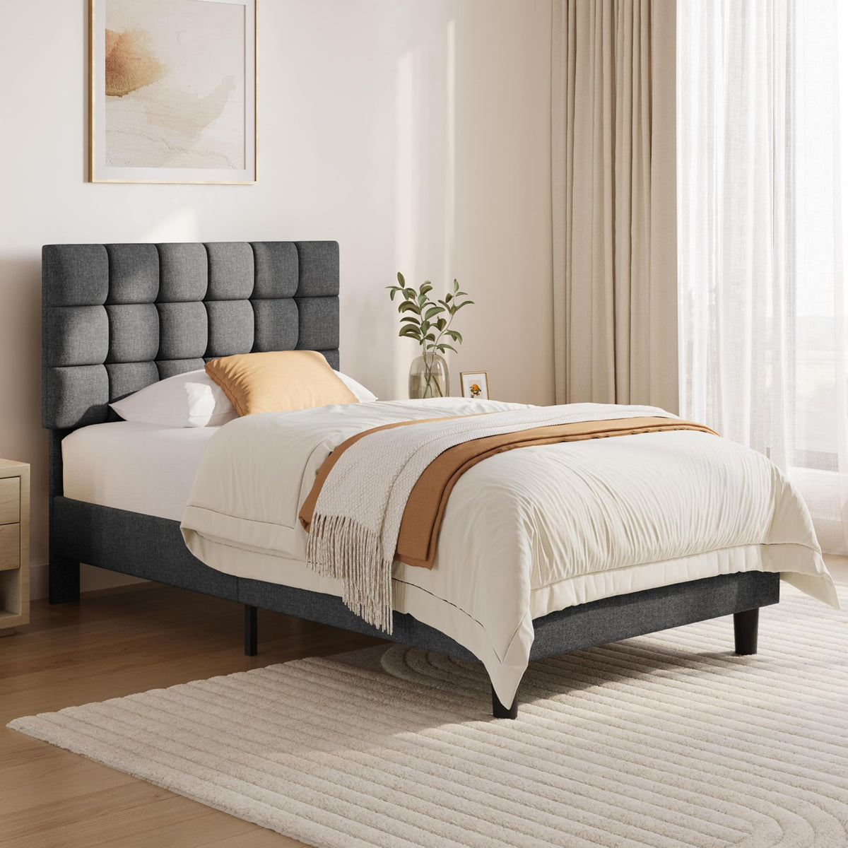 Upholstered Bed Frame with Square Tufted Headboard