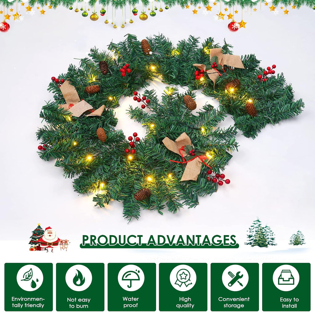 1.8M/6FT Christmas Garland with Lights, Christmas Garlands for Fireplace Stairs PE Artificial Wreath with 50 LED Lights for Xmas Tree Front Door Home Holiday Decor
