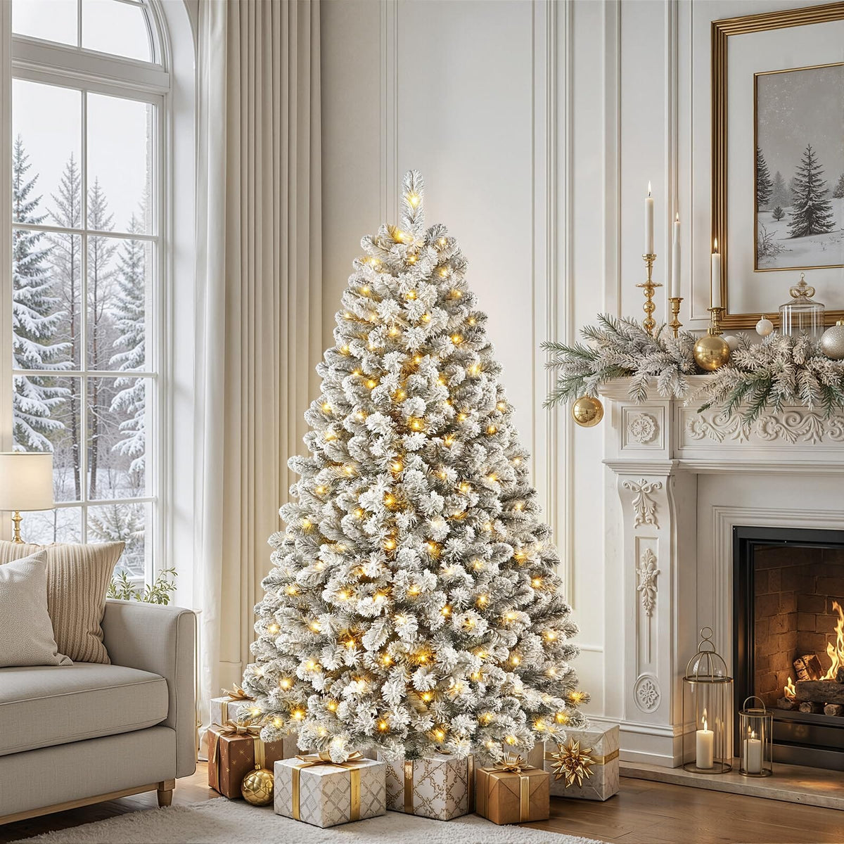 Shano's Pre Lit Christmas Tree Snow Flocked with 13 Modes & 932 Tips