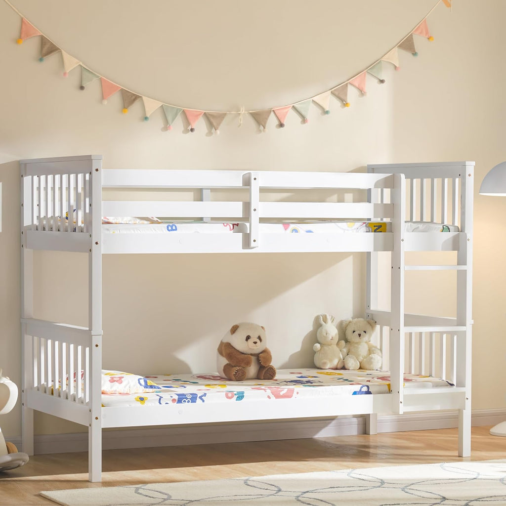 Single Bunk Bed Frame | Solid Pine Wood | Guard Rails & Ladder | Splits into 2 Beds | White & Grey