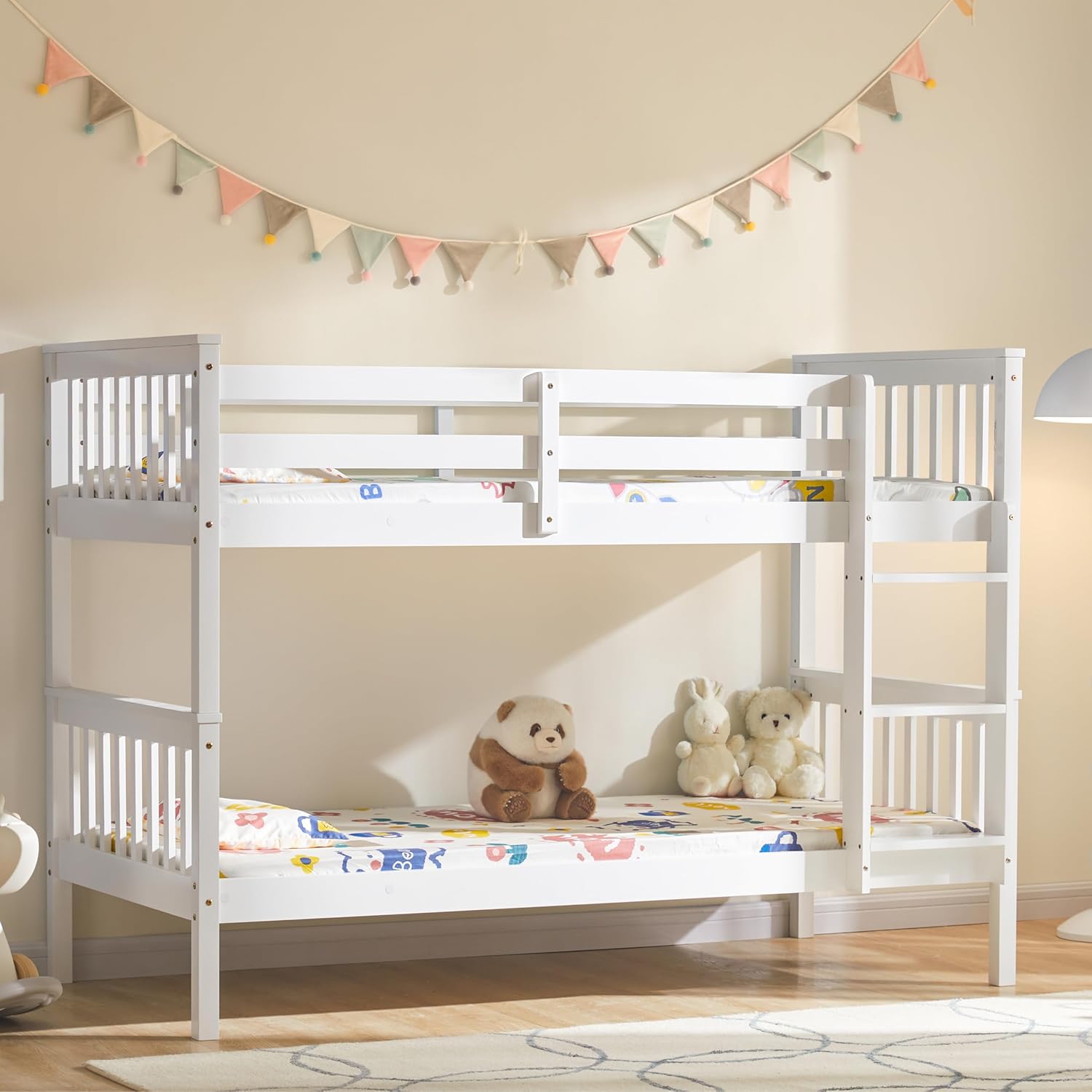 Single Bunk Bed Frame | Solid Pine Wood | Guard Rails & Ladder | Splits into 2 Beds | White & Grey