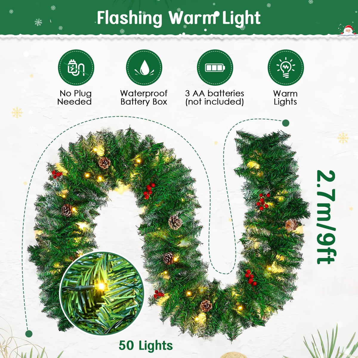 1.8M/6FT Christmas Garland with Lights, Christmas Garlands for Fireplace Stairs PE Artificial Wreath with 50 LED Lights for Xmas Tree Front Door Home Holiday Decor
