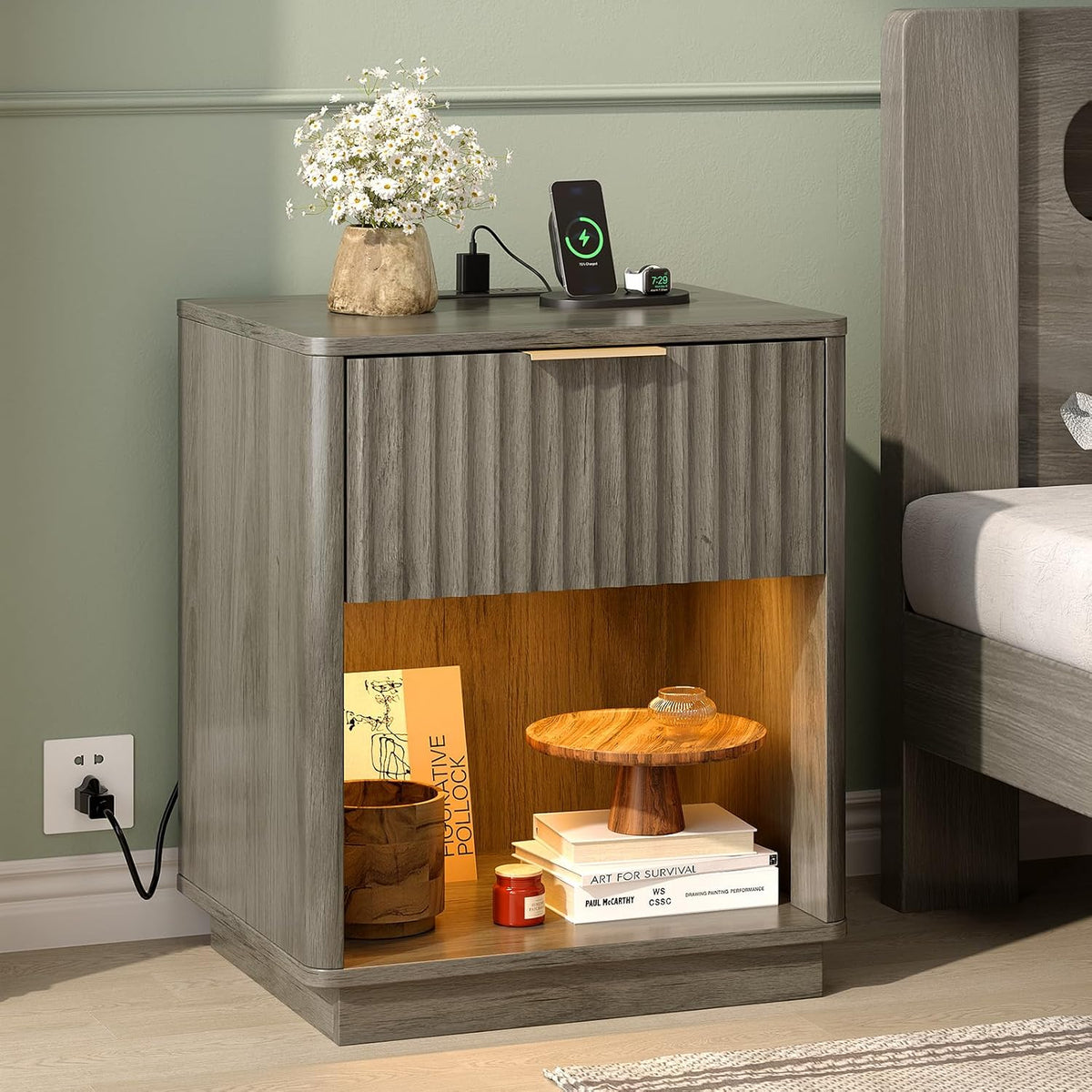 Smart Bedside Table with LED Lights & USB Charging | Fluted Design | 1 or 2 Pack | Oak, Gray Oak & Walnut