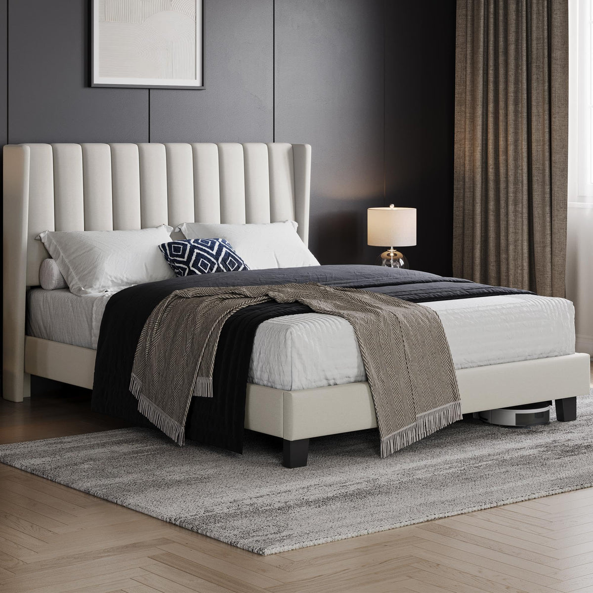 Shano Furniture Channel-Tufted Wing Bed Frame, Double, Beige