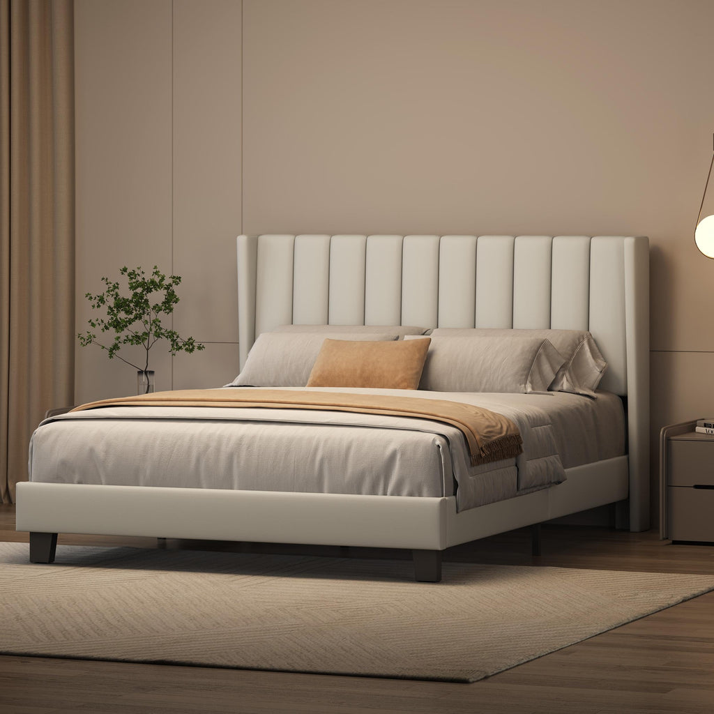 Shano Furniture Channel-Tufted Wing Bed Frame, Double, Beige
