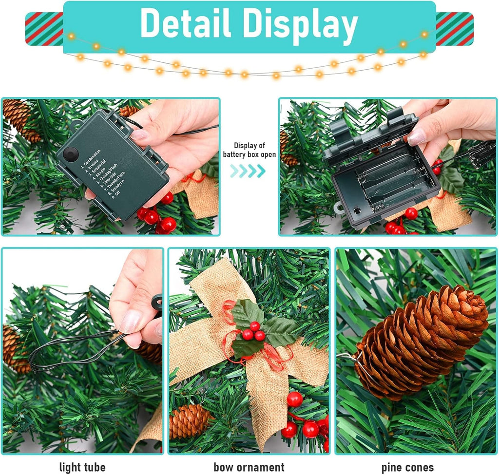 1.8M/6FT Christmas Garland with Lights, Christmas Garlands for Fireplace Stairs PE Artificial Wreath with 50 LED Lights for Xmas Tree Front Door Home Holiday Decor