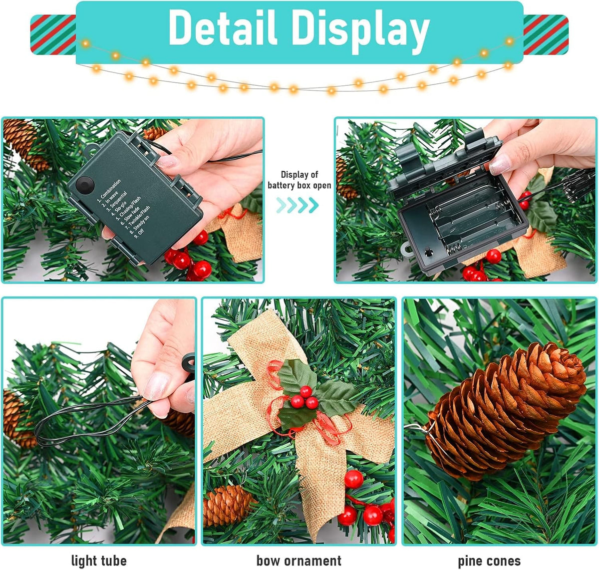 1.8M/6FT Christmas Garland with Lights, Christmas Garlands for Fireplace Stairs PE Artificial Wreath with 50 LED Lights for Xmas Tree Front Door Home Holiday Decor