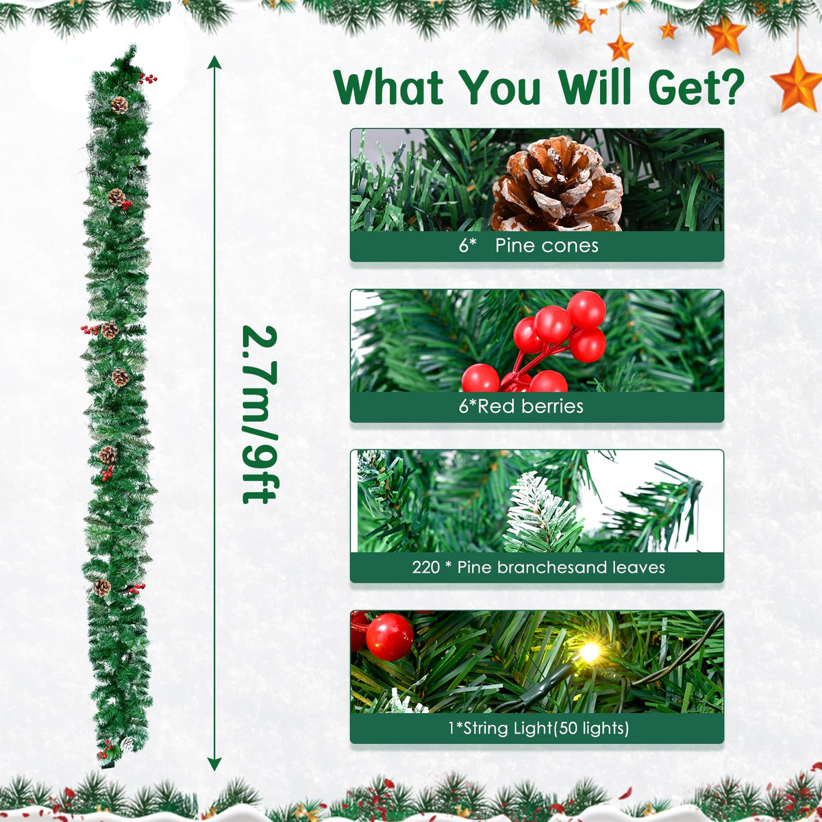 1.8M/6FT Christmas Garland with Lights, Christmas Garlands for Fireplace Stairs PE Artificial Wreath with 50 LED Lights for Xmas Tree Front Door Home Holiday Decor