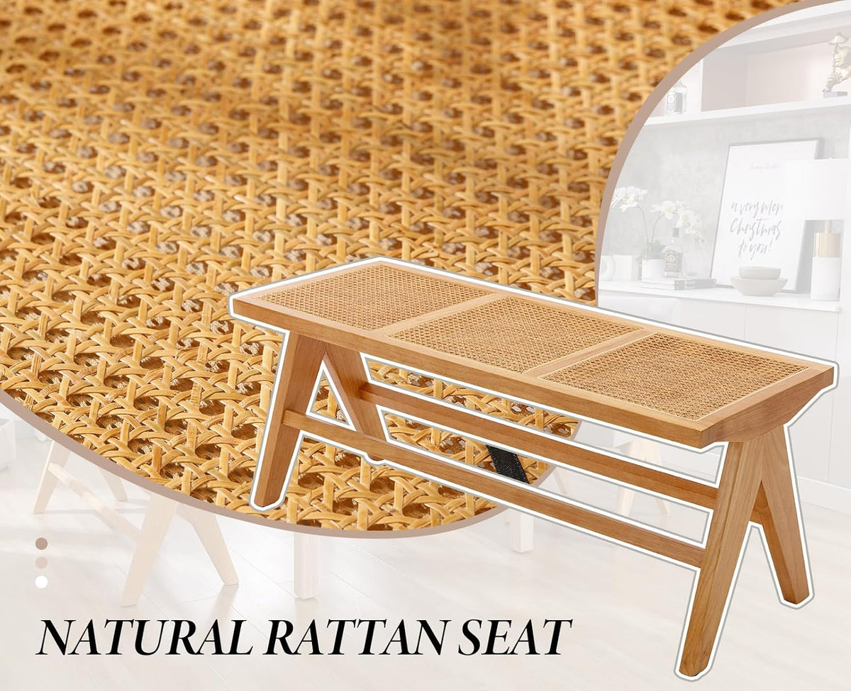 Shano Rattan Dining Bench | Solid Wood Frame | Woven Rattan Seat | Entryway Ottoman | 2 Colours