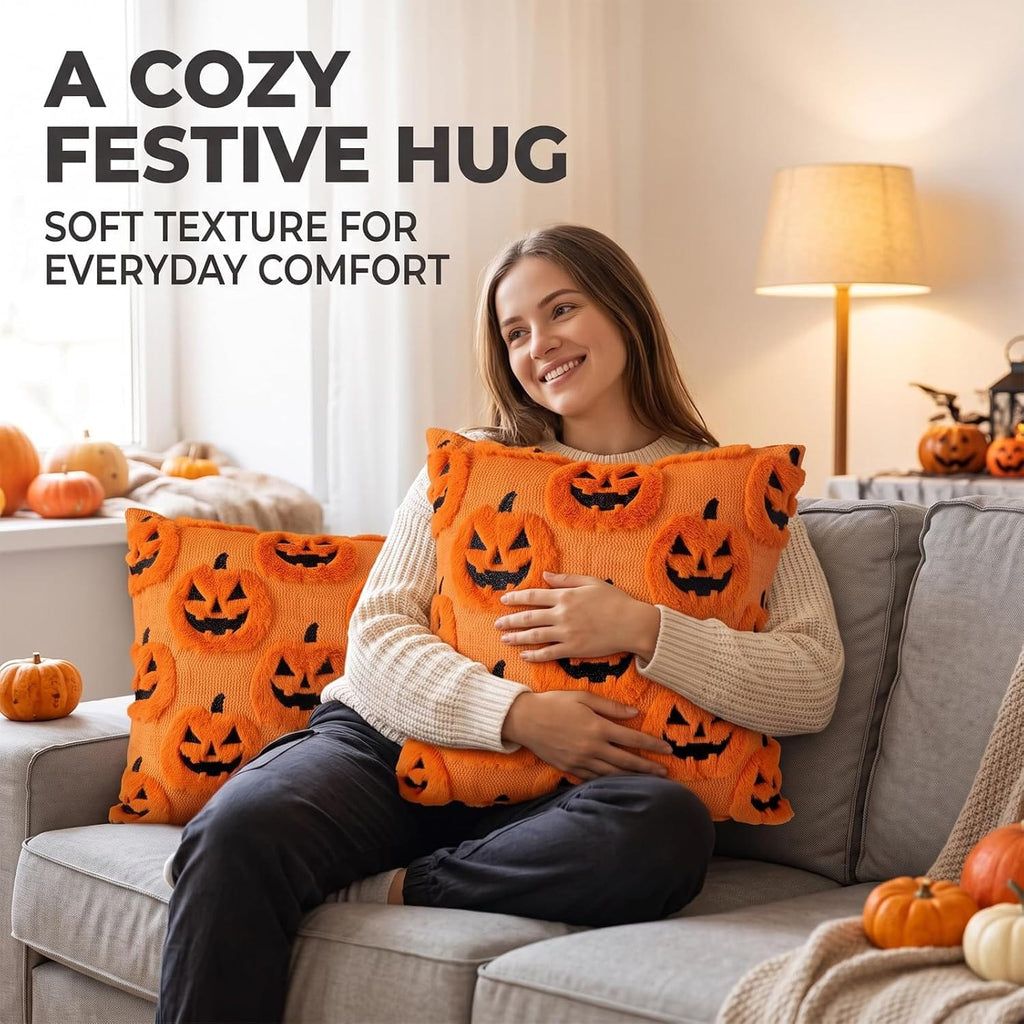 2 PCS Halloween Cushion Covers 45 x 45 cm Halloween Cushions Funny Ghost Pumpkin Cushion, Halloween Home Decor for Sofa Bedroom Living Room Home Decor (Emoticon Pumpkin)