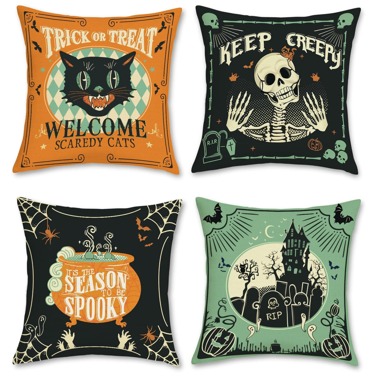 Happy Halloween Cushion Covers 45 x 45 cm Pumpkin Ghost Black Cat Trick or Treat Decorative Pillow Covers Black Pillowcases for Sofa Bed Home Outdoor Decor Set of 4