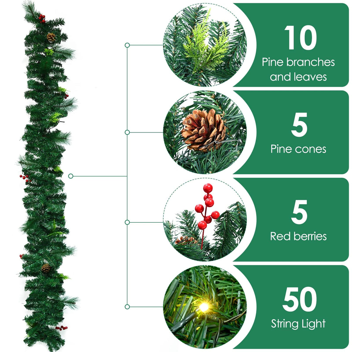 1.8M/6FT Christmas Garland with Lights, Christmas Garlands for Fireplace Stairs PE Artificial Wreath with 50 LED Lights for Xmas Tree Front Door Home Holiday Decor