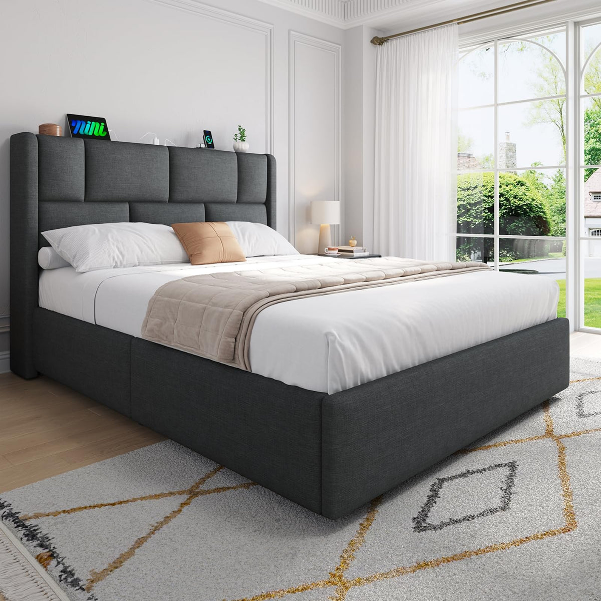 Ottoman Single Bed Frame with Hydraulic Storage, Charging Station & Adjustable Headboard | Grey | 3ft (90x190cm)