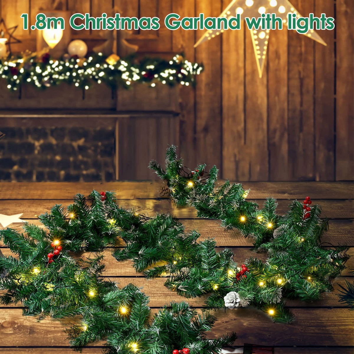 1.8M/6FT Christmas Garland with Lights, Christmas Garlands for Fireplace Stairs PE Artificial Wreath with 50 LED Lights for Xmas Tree Front Door Home Holiday Decor