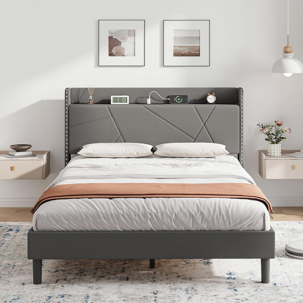 Upholstered Bed Frame with Built-In Charging Station | Linen Headboard | Storage | Single, Double & King
