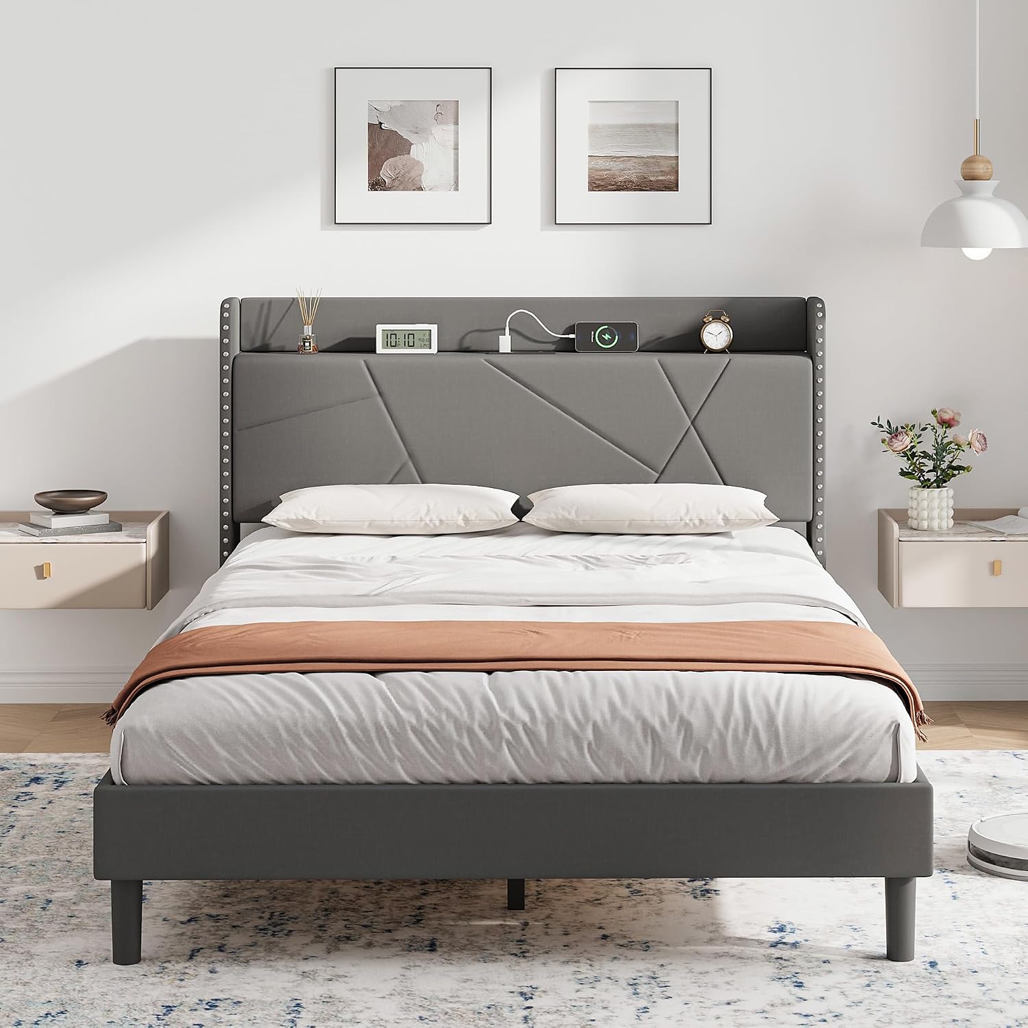 Upholstered Bed Frame with Built-In Charging Station | Linen Headboard | Storage | Single, Double & King