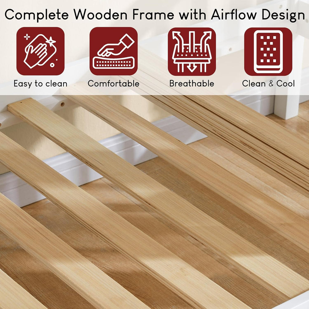 Single Bunk Bed Frame | Solid Pine Wood | Guard Rails & Ladder | Splits into 2 Beds | White & Grey