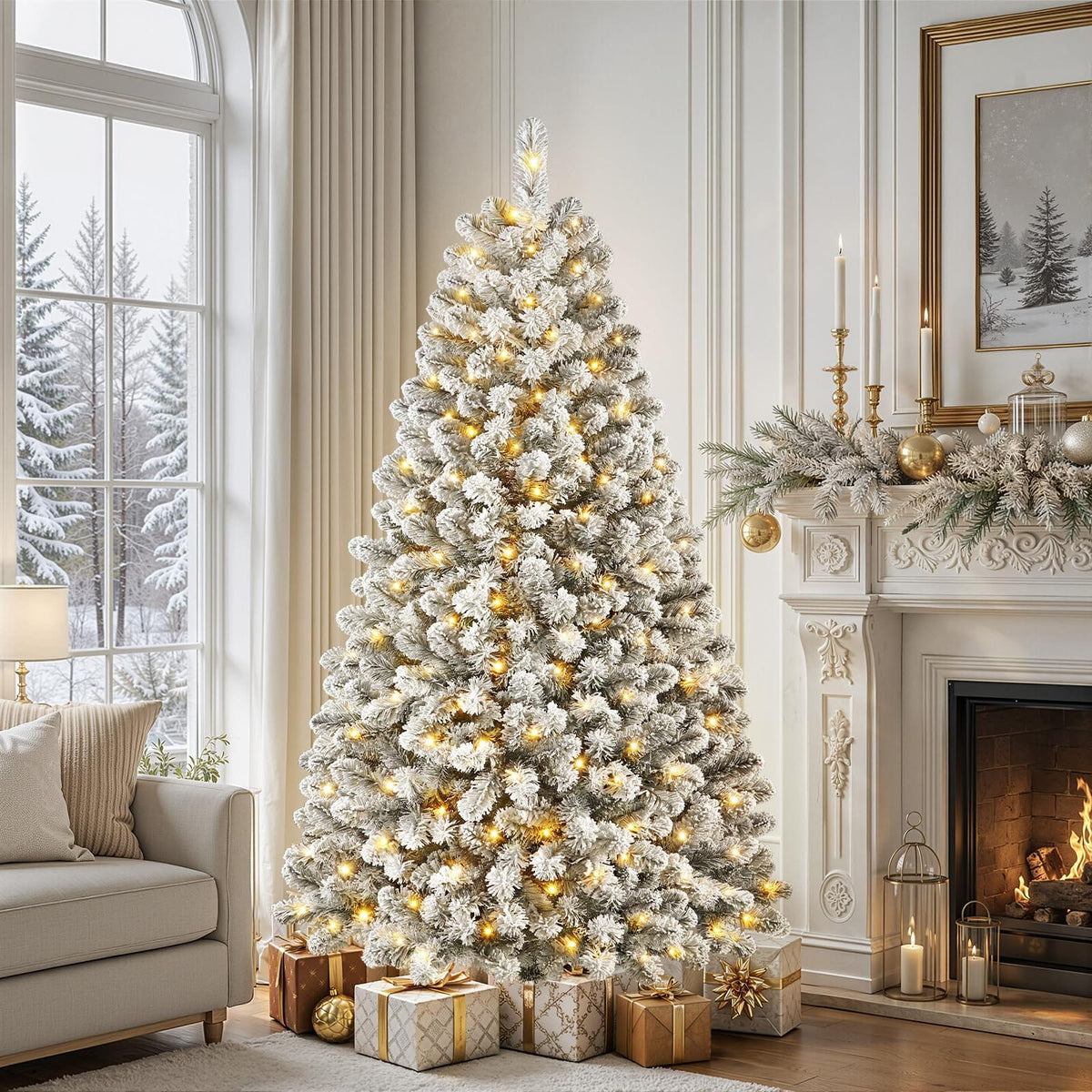 Shano's Pre Lit Christmas Tree Snow Flocked with 13 Modes & 932 Tips