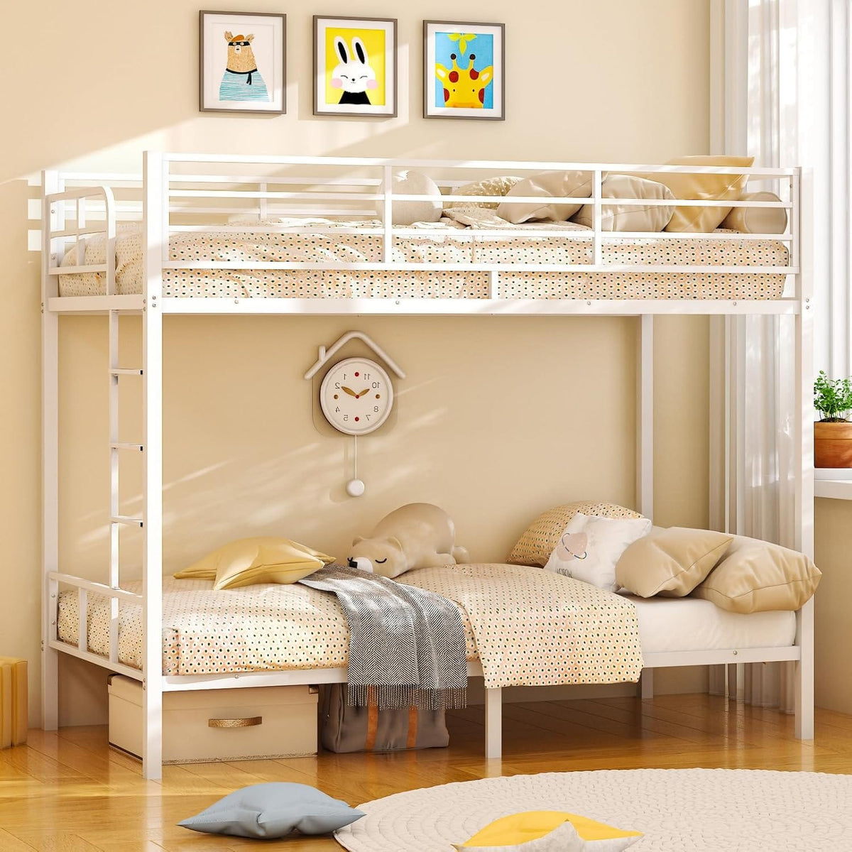 Metal Bunk Bed Single over Single | 38cm Full-Length Guardrail | Non-Slip Ladder | Optional Drawer | Black, White & Grey