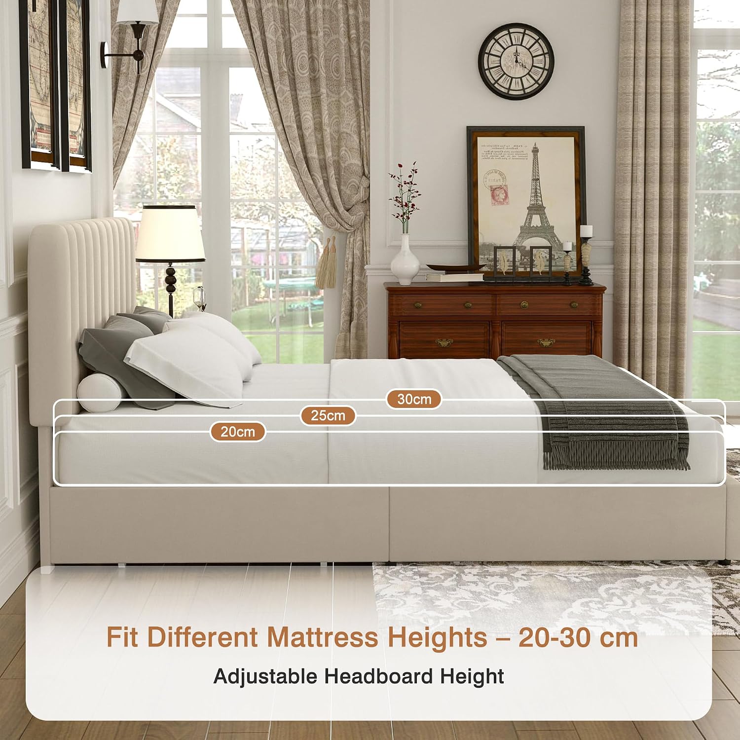 Double Bed Frame with 4 Storage Drawers | Velvet Upholstered Headboard | Wooden Slats | Beige & Grey