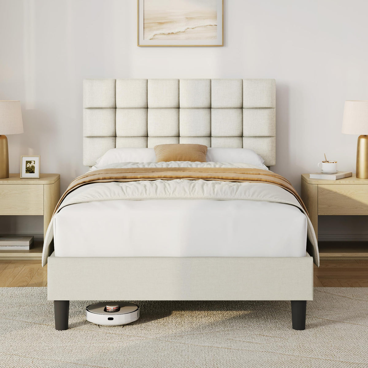 Upholstered Bed Frame with Square Tufted Headboard