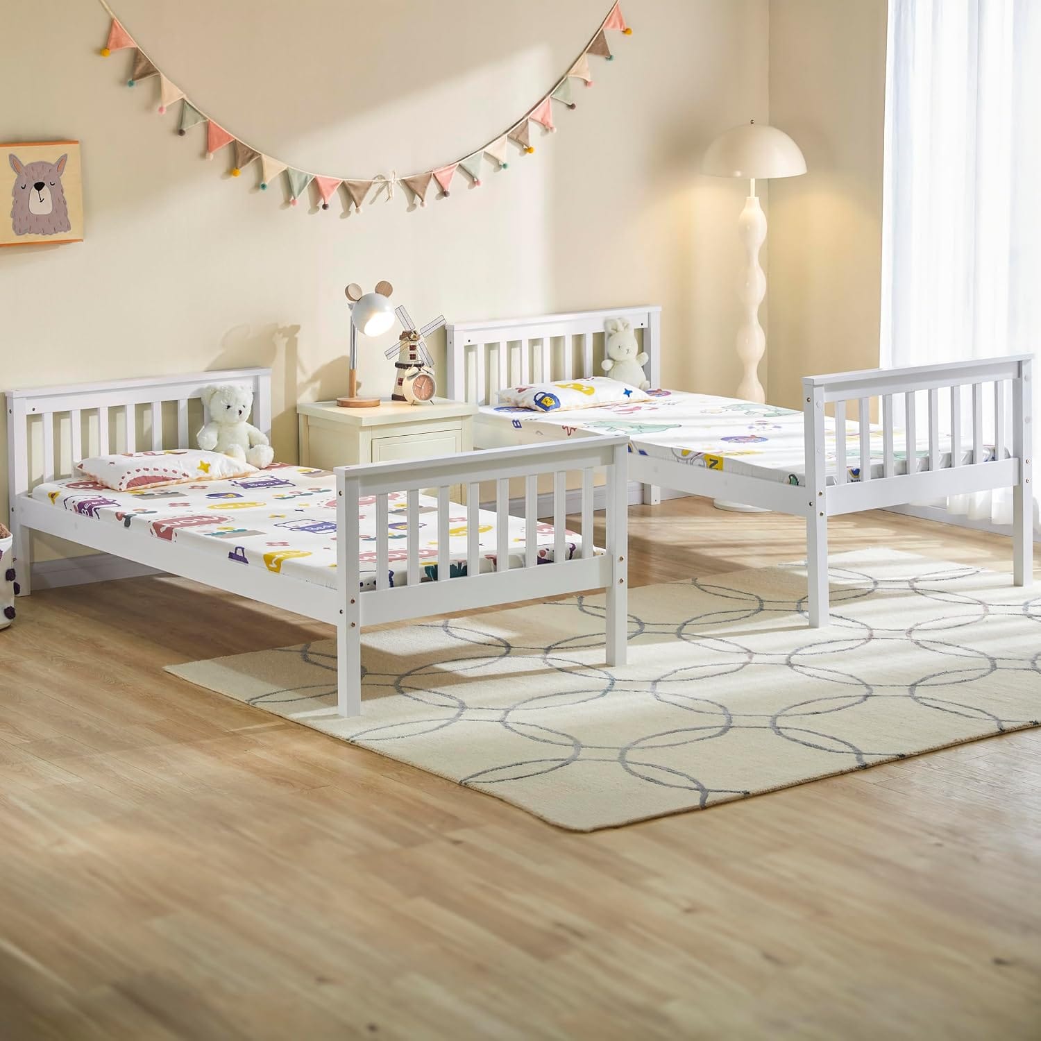 Single Bunk Bed Frame | Solid Pine Wood | Guard Rails & Ladder | Splits into 2 Beds | White & Grey