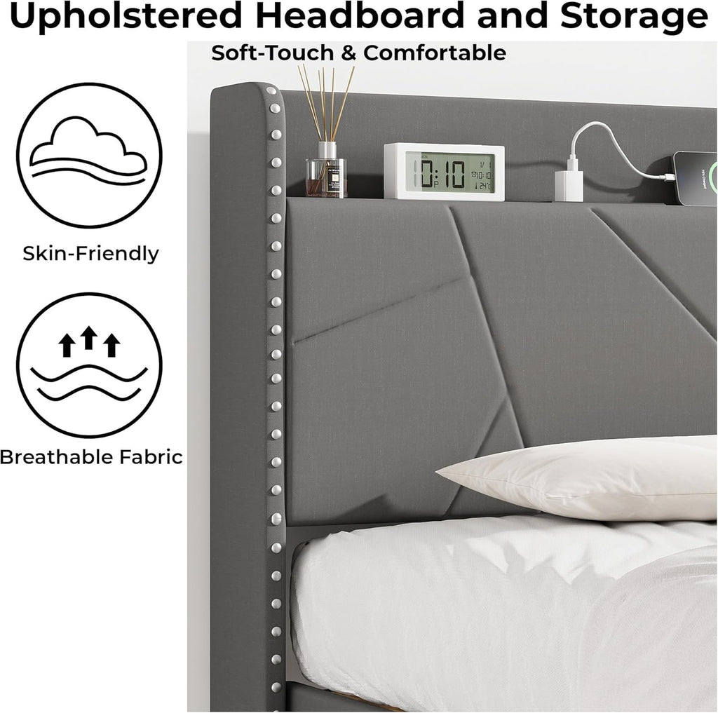 Upholstered Bed Frame with Built-In Charging Station | Linen Headboard | Storage | Single, Double & King