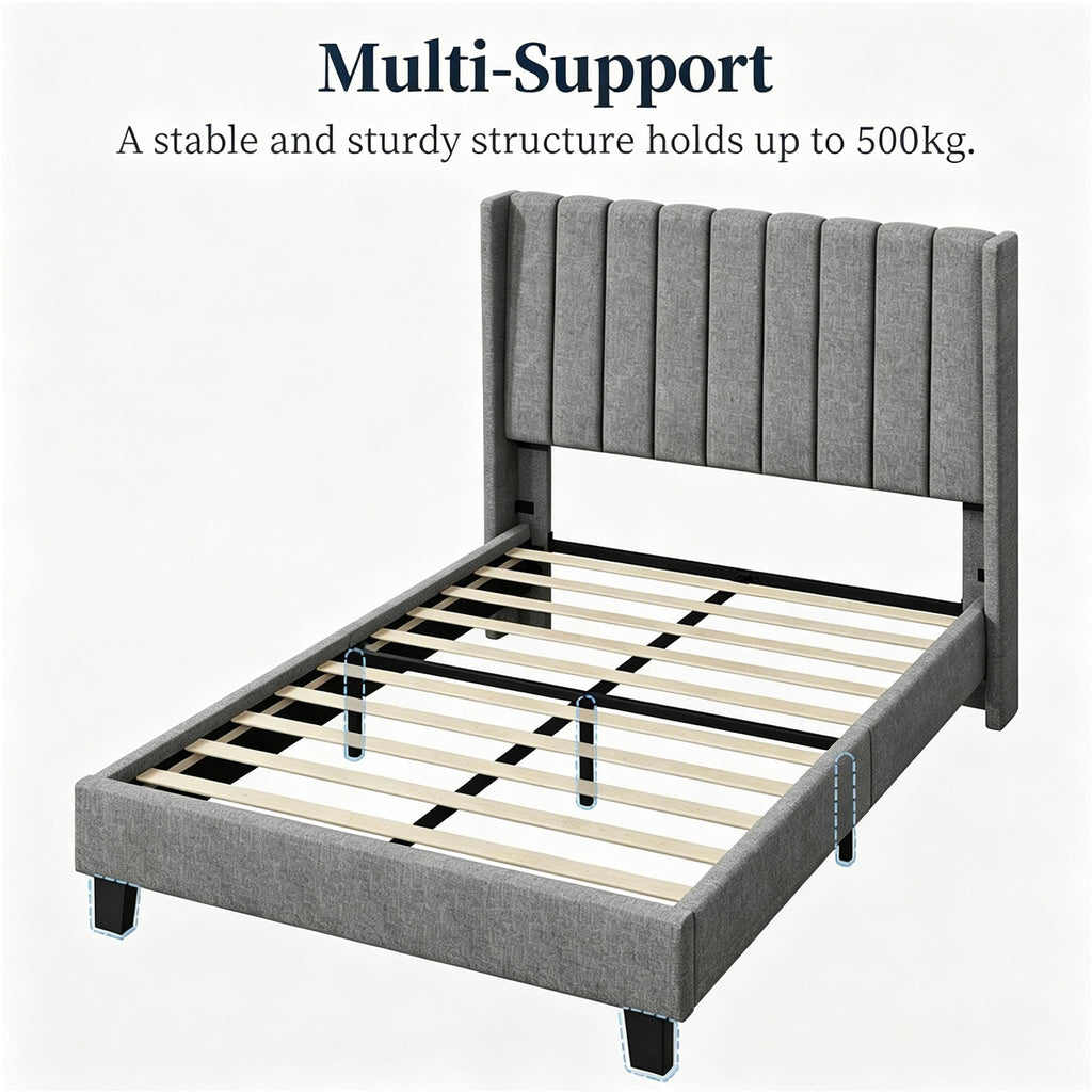 Shano Furniture Channel-Tufted Wing Bed Frame, Double, Beige