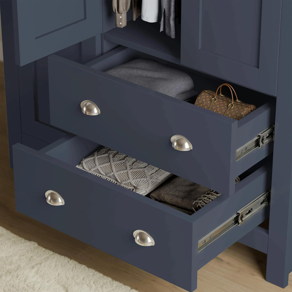 Shano 3 Door Wardrobe with Hanging Rail, 4 Shelves & 2 Drawers | White, Grey & Blue