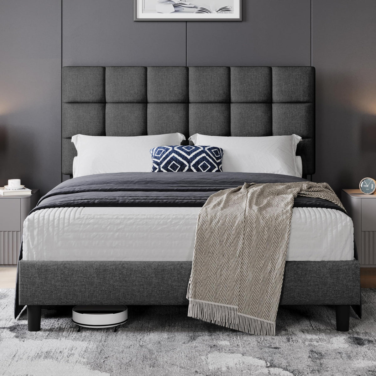 Upholstered Bed Frame with Square Tufted Headboard