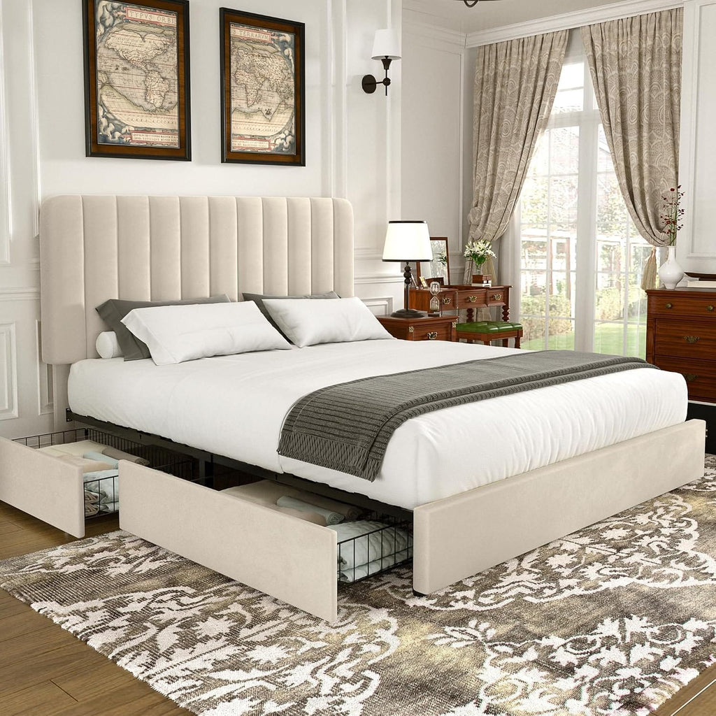 Double Bed Frame with 4 Storage Drawers | Velvet Upholstered Headboard | Wooden Slats | Beige & Grey