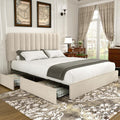 Double Bed Frame with 4 Storage Drawers | Velvet Upholstered Headboard | Wooden Slats | Beige & Grey