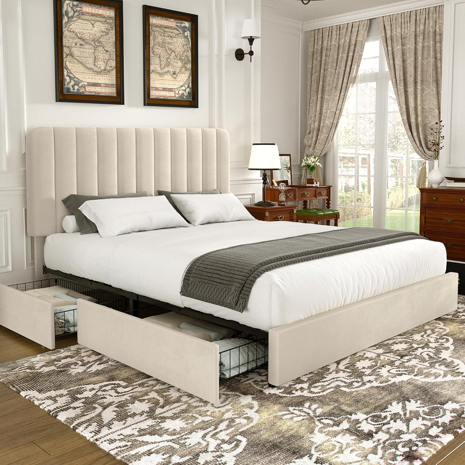 Double Bed Frame with 4 Storage Drawers | Velvet Upholstered Headboard | Wooden Slats | Beige & Grey